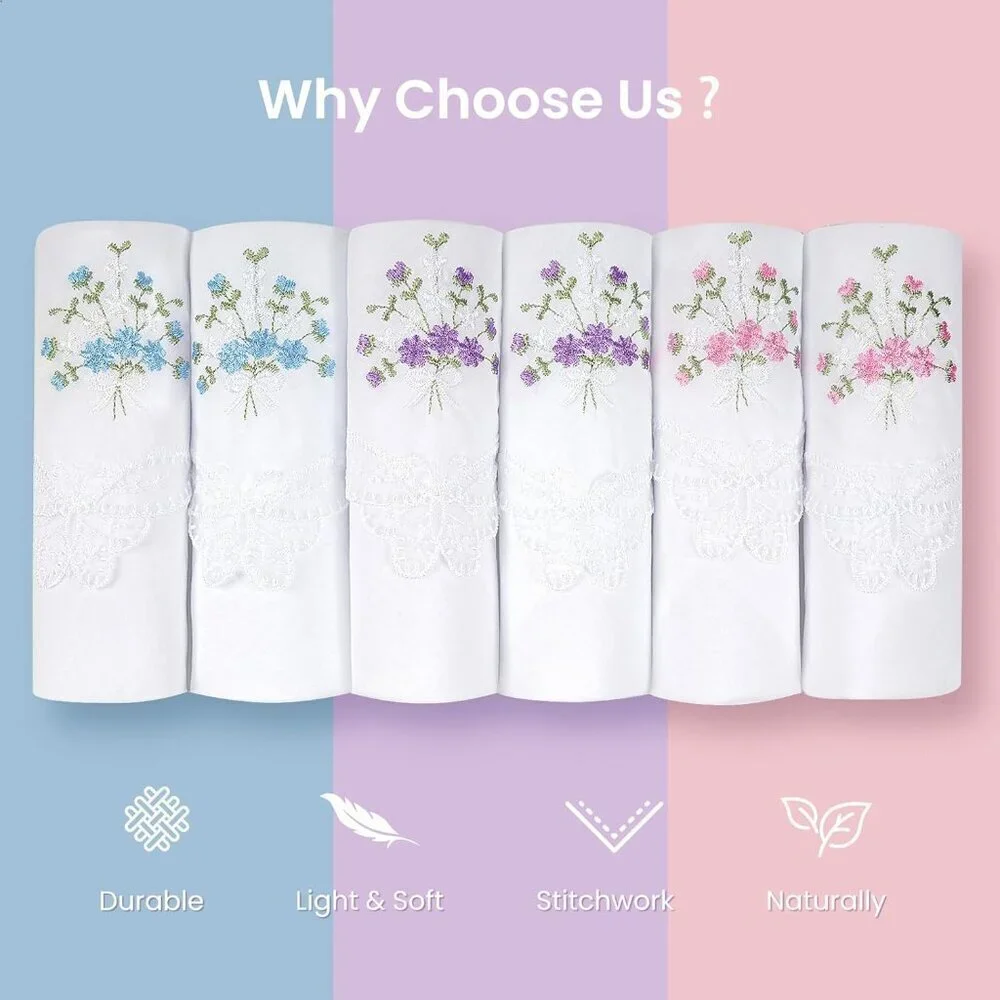 Women's Cotton Handkerchiefs Set of 12 Floral Embroidered Lace Hankies for Women